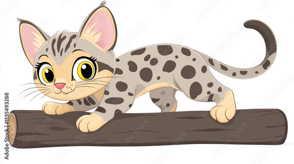 Cute gray spotted kitten walks on log with big yellow eyes, illustration. Cute gray spotted kitten walks on log with big yellow eyes, illustration.