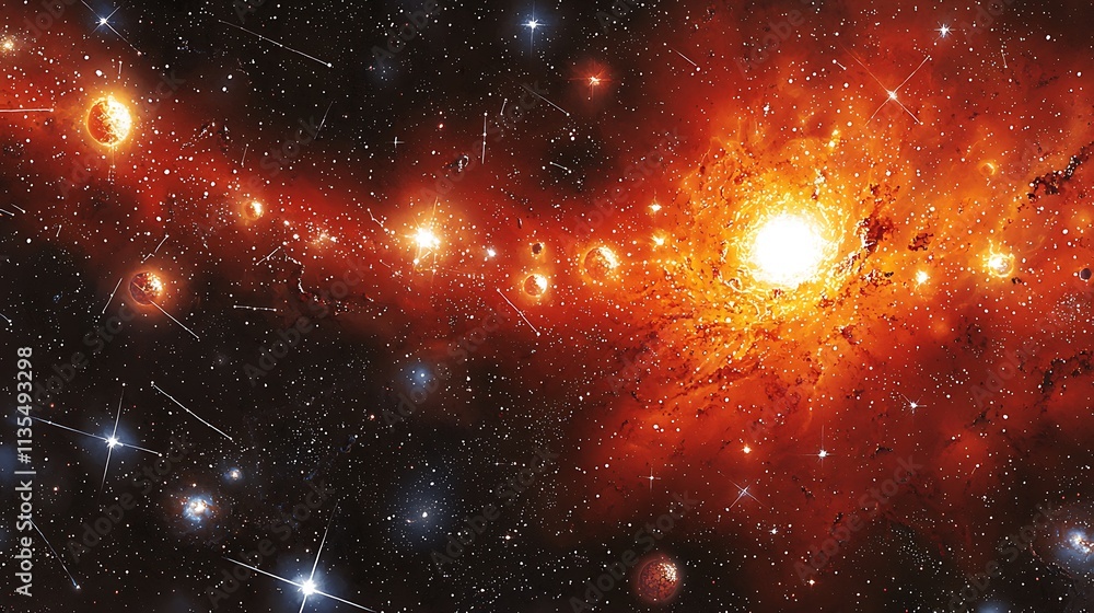 Fototapeta premium Fiery nebula with bright stars and cosmic dust.