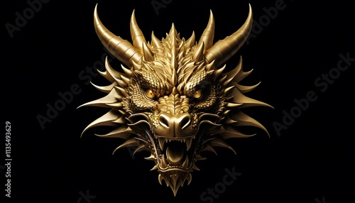 Magnificent Golden Dragon Head Sculpture Against Black Background A 3D Rendered Image Showcasing Intricate Details and Fierce Expression