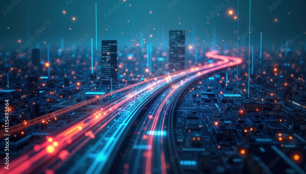 Digital tech roadmap for business progress. Cityscape background with glowing lines representing data flow. Modern tech integration. Organizational innovation visualized. Business modernization Digital tech roadmap for business progress. Cityscape background with glowing lines representing data flow. Modern tech integration. Organizational innovation visualized. Business modernization