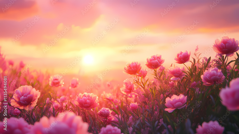 Sunset over a field of pink peonies. Nightfall. Illustration Sunset over a field of pink peonies. Nightfall. Illustration