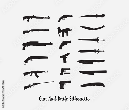  Vector gun, pistol, sword and knife weapon silhouette 