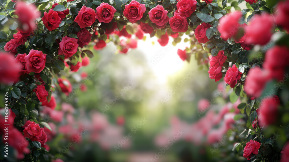 garden arch adorned with vibrant red roses and lush green vines creates romantic atmosphere, inviting visitors to explore beauty within garden arch adorned with vibrant red roses and lush green vines creates romantic atmosphere, inviting visitors to explore beauty within