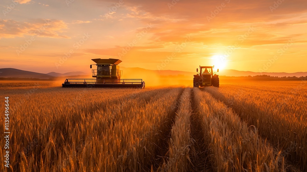 Fototapeta premium Combine harvester and tractor harvesting wheat at sunset.