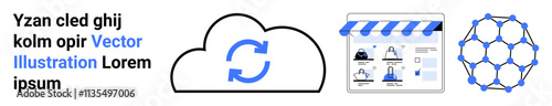 Cloud with sync arrows, online store with product images, and interconnected nodes network design. Ideal for technology, e-commerce, networking, cloud computing, data sync, online shopping digital
