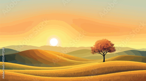 Golden Hour Landscape Vector Illustration for New Beginnings, Golden Hour Outdoor
