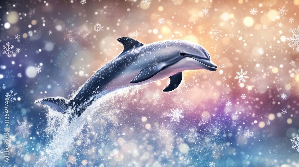 Fototapeta premium Dolphin Leaping Through Colorful Winter Background with Snowflakes