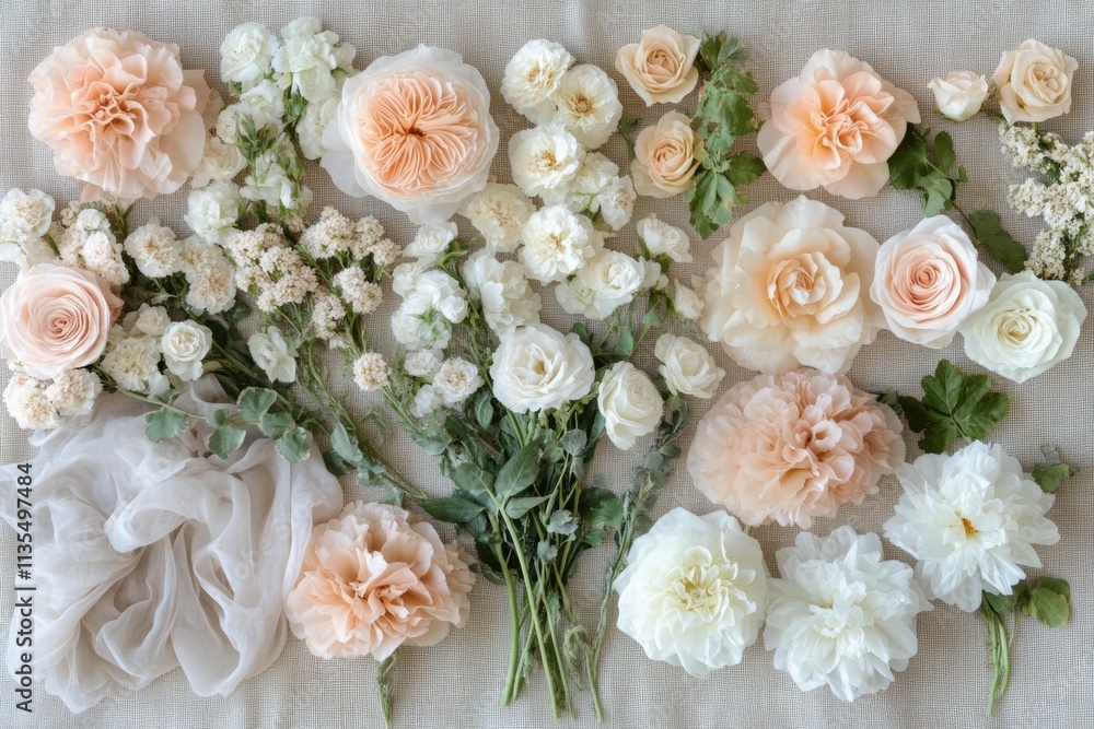 Peach and White Floral Arrangement on Beige Fabric Peach and White Floral Arrangement on Beige Fabric