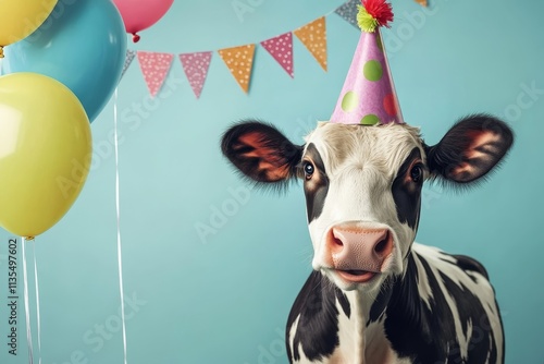 Sylvester the cow joyfully celebrates new year s eve with party hat and balloons on blue background photo