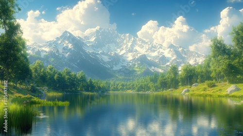 Serene mountain lake scenery with snow-capped peaks, lush forest, and tranquil reflections.