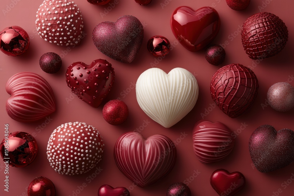 Red and White Heart-Shaped Chocolates and Ornaments Red and White Heart-Shaped Chocolates and Ornaments