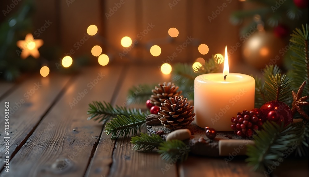 Cozy Christmas Candle Surrounded by Pine Cones and Ornaments
Cozy Christmas Candle Surrounded by Pine Cones and Ornaments