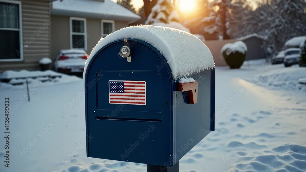 Snow-covered blue mailbox with us flag in winter sunrise. Snow scenes with American symbols on Presidents Day. Snow-covered blue mailbox with us flag in winter sunrise. Snow scenes with American symbols on Presidents Day.