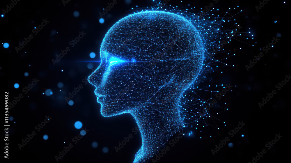 A blue digital human head composed of glowing lines, close-up side view A blue digital human head composed of glowing lines, close-up side view