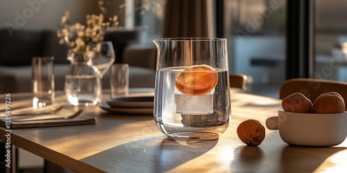 Vintage 70s water pitcher with innovative cooling core displayed on an elegant dining table setting, showcasing retro design and functionality photo