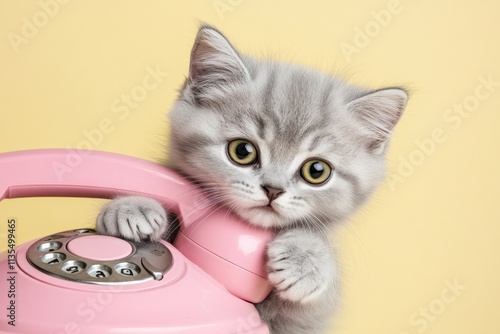 Grey kitten holding pink phone, yellow background. photo