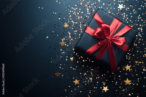 Wallpaper Mural Elegant Dark Blue Gift Box with Red Ribbon and Gold Confetti Torontodigital.ca