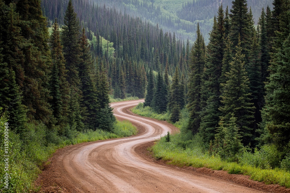Dirt road winding through pine forest, rugged and wild Dirt road winding through pine forest, rugged and wild
