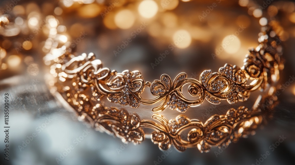 Golden ornate bracelet with diamonds close-up. Golden ornate bracelet with diamonds close-up.