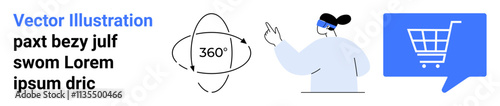 360-degree symbol, virtual assistant pointing, and shopping cart in text bubble. Ideal for e-commerce, virtual shopping, customer service, technology, user interaction, online retail, digital