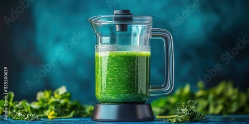 Vintage 70s blender creating vibrant green smoothie, retro kitchen setting, nostalgic design, fresh ingredients blending seamlessly photo