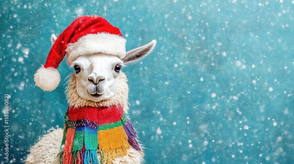 Cheerful llama in holiday attire with snowflakes in winter scene Cheerful llama in holiday attire with snowflakes in winter scene
