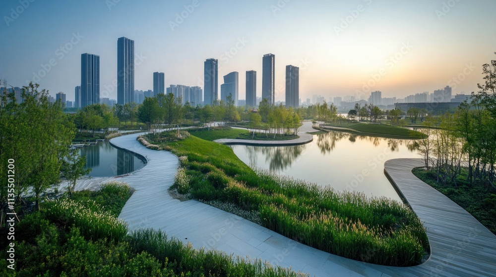 Obraz premium Urban Oasis: Serene Park with Winding Pathways and City Skyline