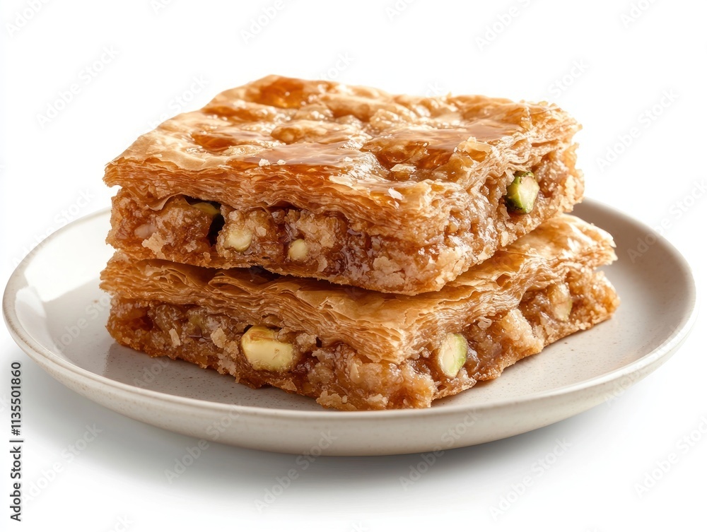 A close-up of two layers of sweet pastry with nuts on a plate. A close-up of two layers of sweet pastry with nuts on a plate.
