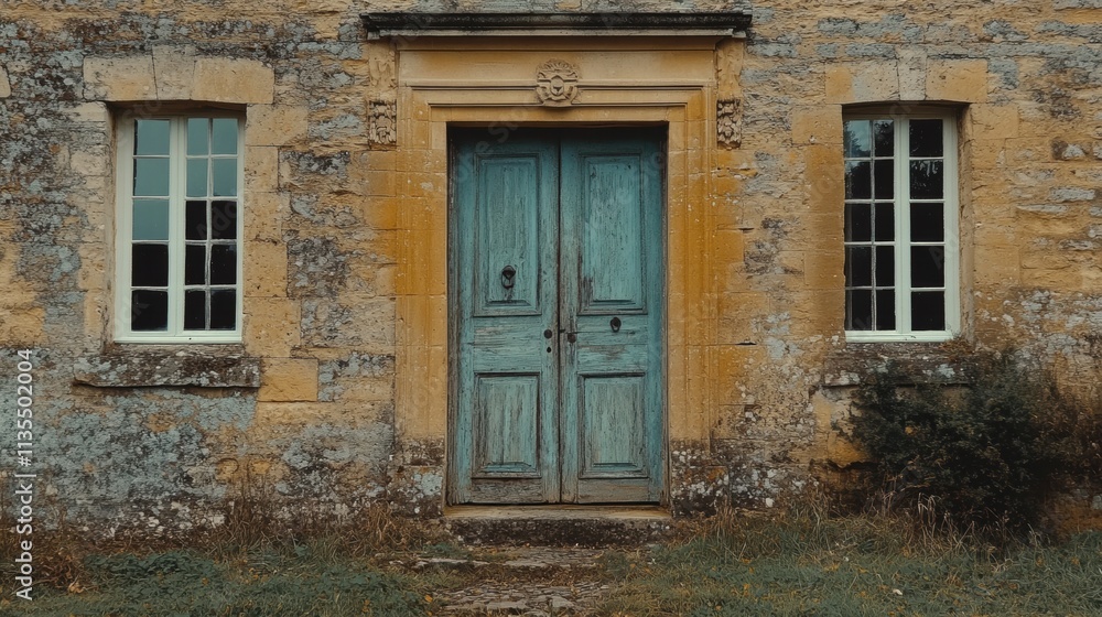 Old Teal Door in Stone Building Old Teal Door in Stone Building