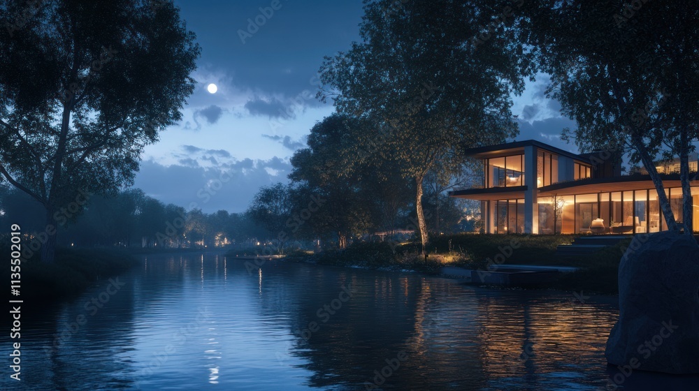 Obraz premium Serene Night at Lakeside Modern House