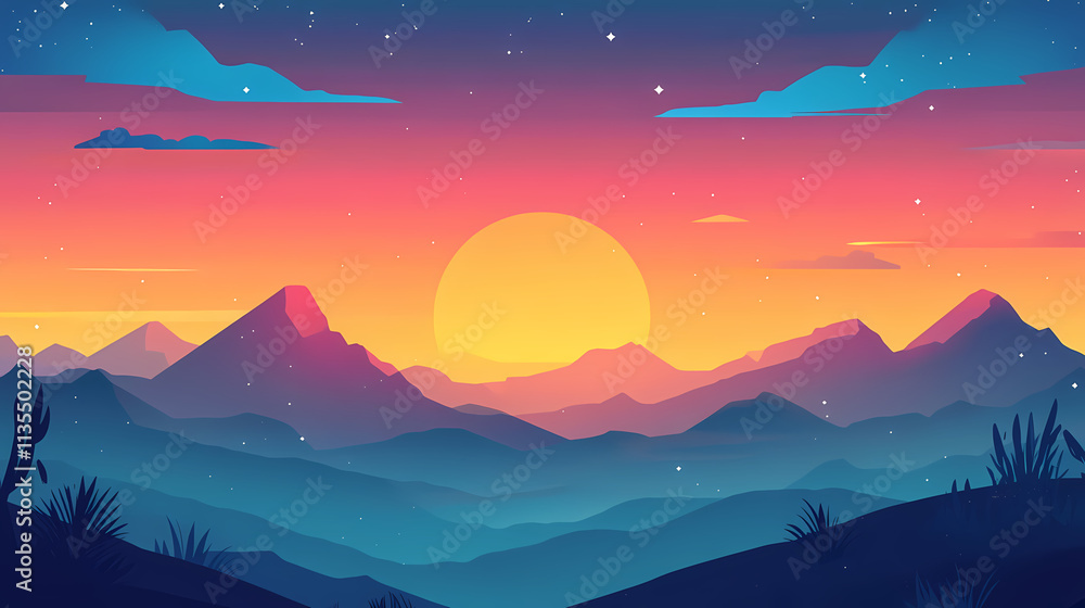 Background of colorful sky concept: dramatic sunset with twilight color sky and clouds. Nightfall. Illustration