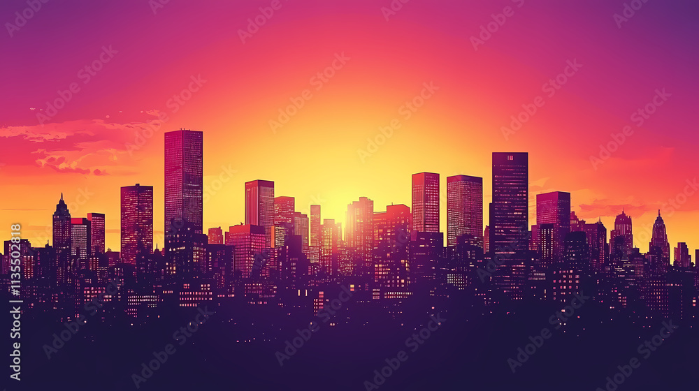 Obraz premium City skyline at sunset with vibrant colors. Nightfall. Illustration