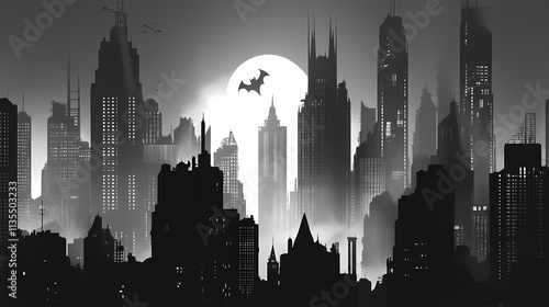 Dystopian gotham city at night, evoking a somber atmosphere. Nightfall. Illustration