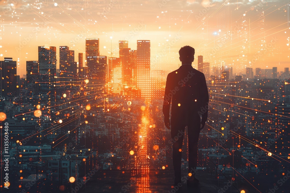 Entrepreneurial Ambition, a confident businessperson against a city skyline, symbols of growth and innovation, pathway to opportunity, professional atmosphere Entrepreneurial Ambition, a confident businessperson against a city skyline, symbols of growth and innovation, pathway to opportunity, professional atmosphere
