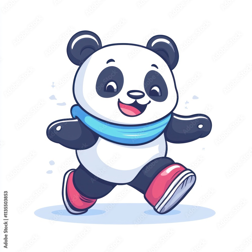 Cartoon panda running with a blue scarf and pink boots. Cartoon panda running with a blue scarf and pink boots.