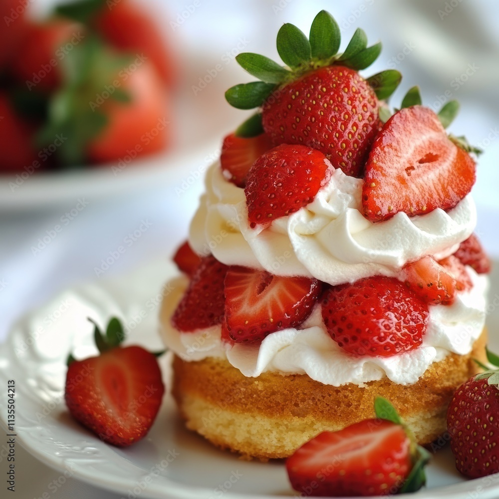 A delicious strawberry shortcake topped with fresh strawberries and whipped cream. A delicious strawberry shortcake topped with fresh strawberries and whipped cream.