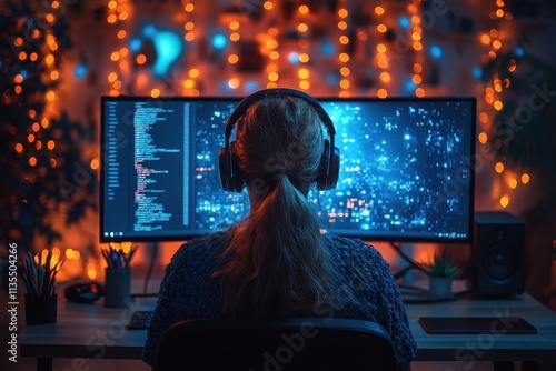 Woman Coding at Night photo