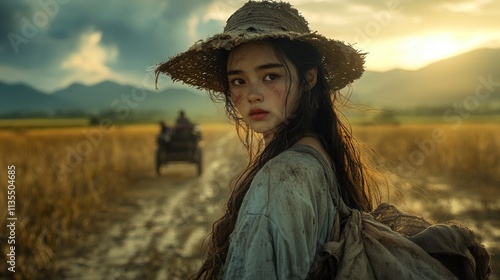 Desolate journey of a young girl escaping a harsh rural landscape, embodying resilience amidst despair and traditional Chinese elements. photo