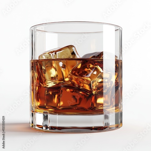 A glass filled with whiskey and ice cubes, showcasing a classic drink. photo