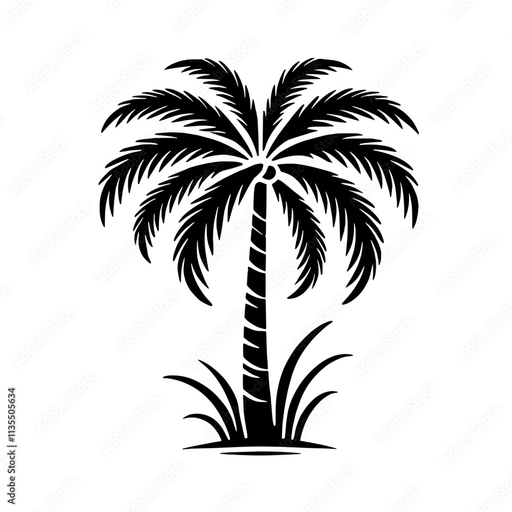 Obraz premium Palm Tree Silhouette: A striking silhouette of a palm tree with its fronds reaching towards the sky, symbolizing tropical paradise, relaxation, and the beauty of nature. 