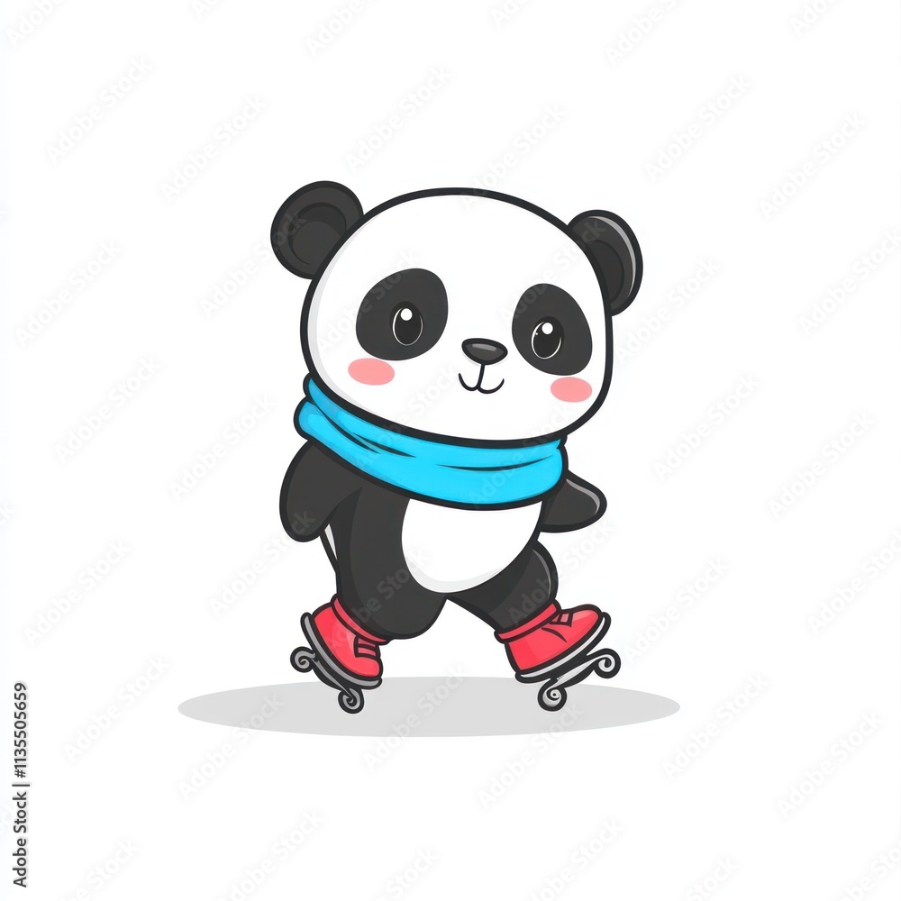 Cute panda character with scarf, rollerskating, isolated. Cute panda character with scarf, rollerskating, isolated.