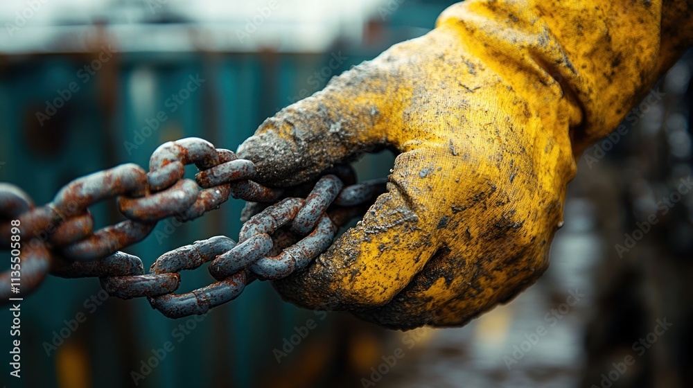 Close-up of a worker's gloved hand holding a heavy chain Close-up of a worker's gloved hand holding a heavy chain