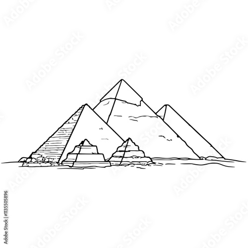 Hand-Drawn Pyramids: A simple line drawing of the iconic pyramids of Giza, showcasing their majestic geometry and enduring presence against a clean background.  