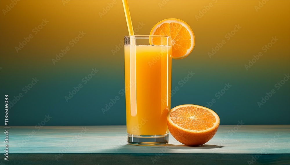 Refreshing orange juice pouring into a glass with orange slices. Refreshing orange juice pouring into a glass with orange slices.