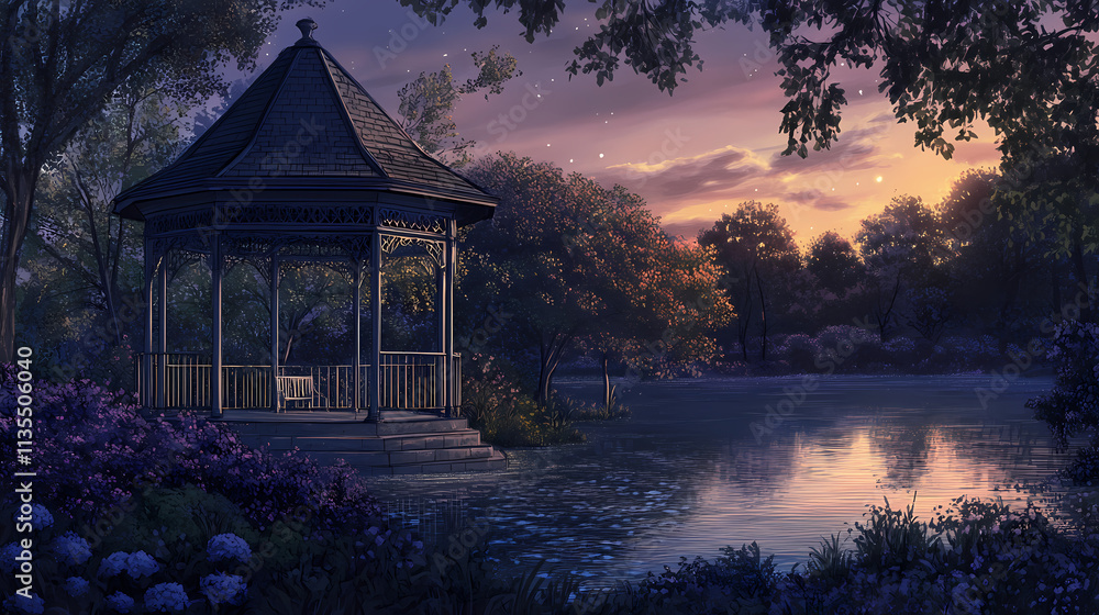Fototapeta premium A serene twilight gazebo offering a peaceful refuge between day and night, bathed in soft, calming light. Nightfall. Illustration