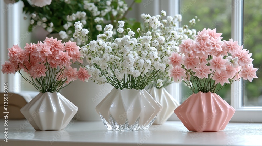 Elegant Pink and White Flower Arrangements in Geometric Vases Elegant Pink and White Flower Arrangements in Geometric Vases