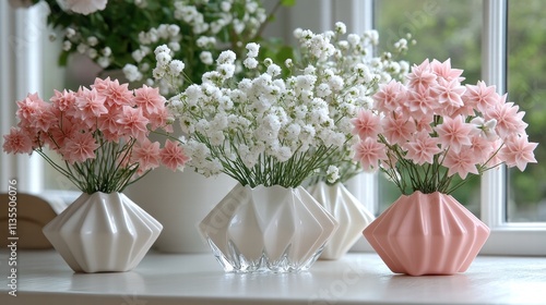 Elegant Pink and White Flower Arrangements in Geometric Vases