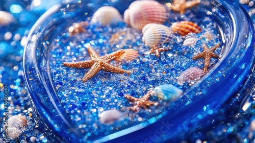 Blue Glitter Heart with Seashells and Starfish photo