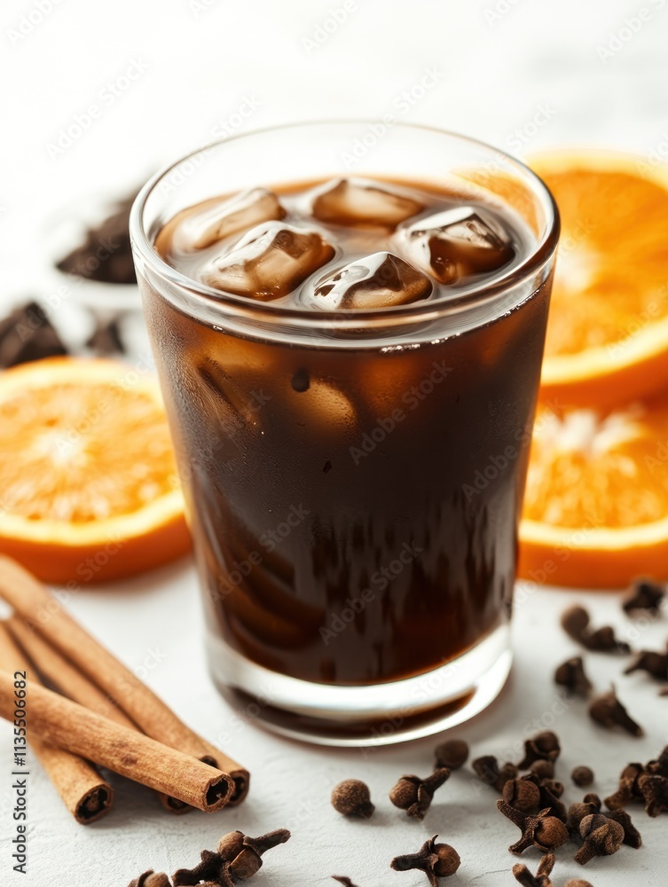 A refreshing drink with ice, orange slices, and spices for a vibrant presentation. A refreshing drink with ice, orange slices, and spices for a vibrant presentation.