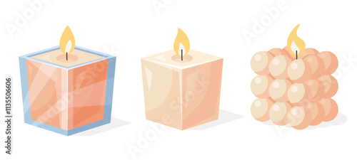 Decorative cube shaped candles for home decor, holiday, birthday, Christmas designs. Vector illustration isolated on a white background in flat style.